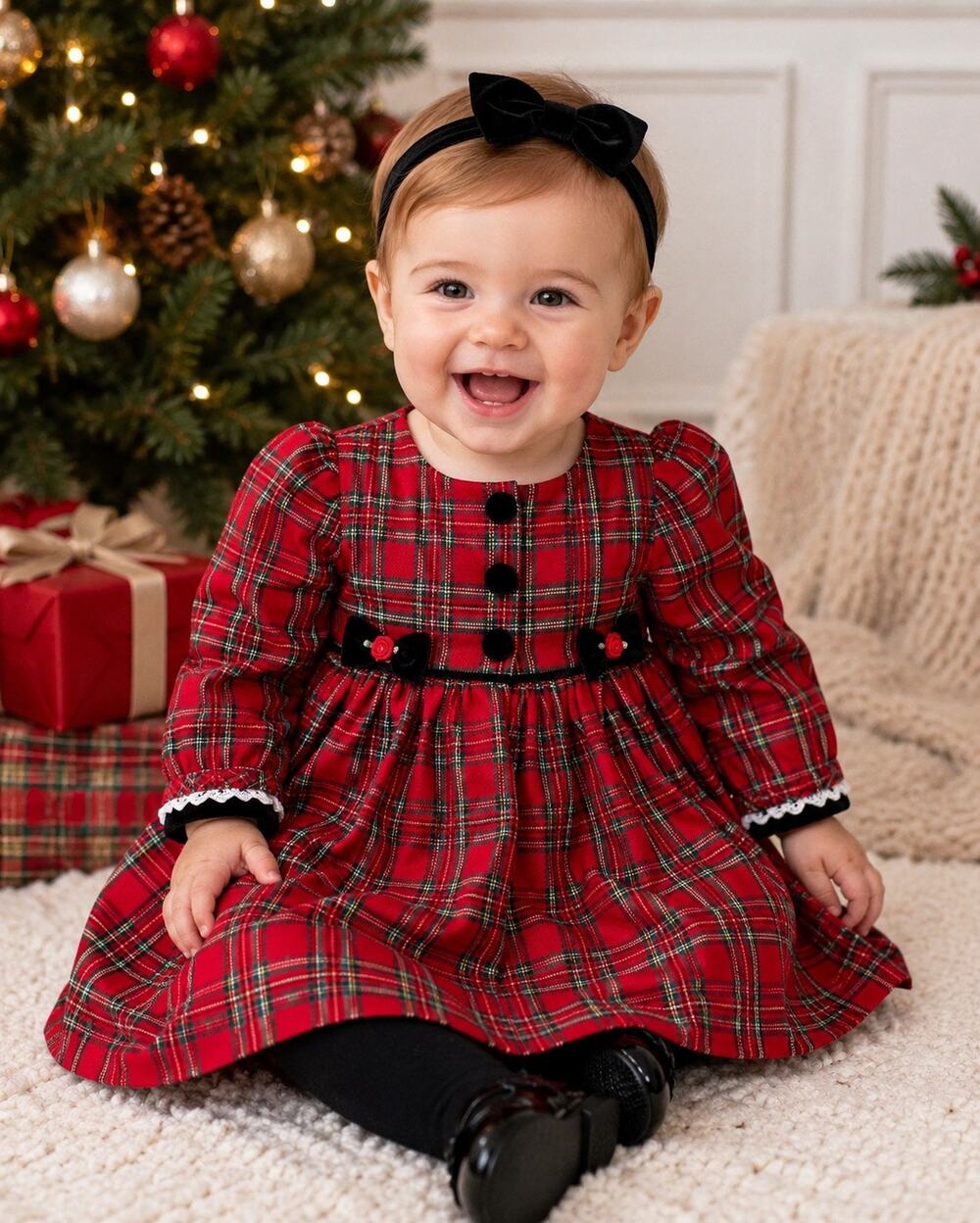 Vintage Rose Cottage Red Plaid Christmas Dress 12M Holiday